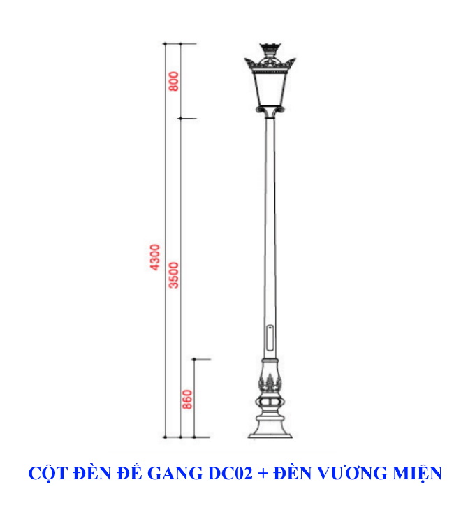 Cột đèn trang trí sân vườn đế gang DC02 + Đèn Vương miện