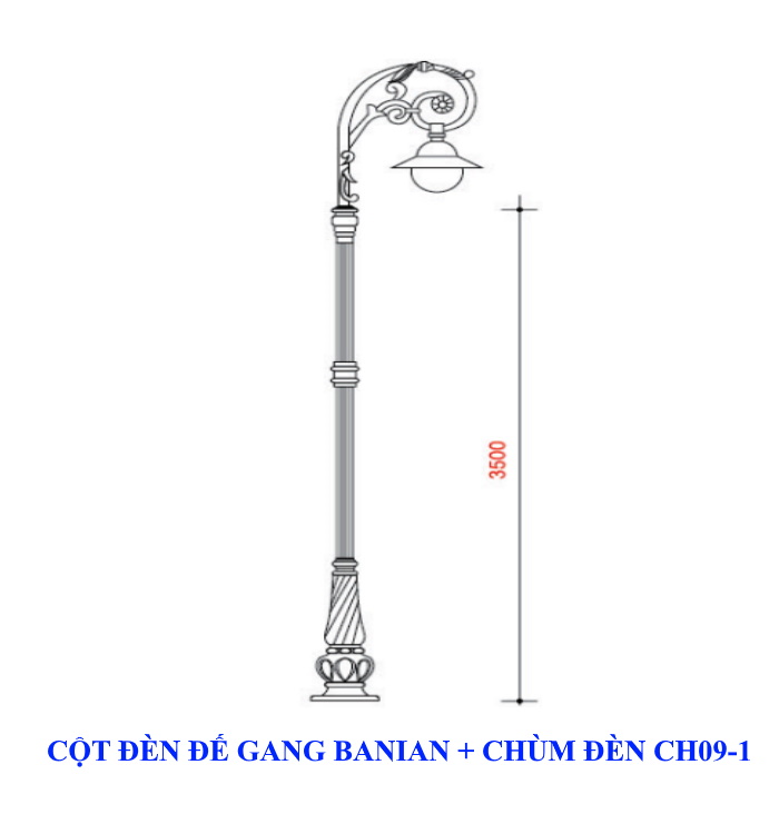 Cột đèn trang trí sử dụng đế gang Banian + Chùm đèn CH09-1