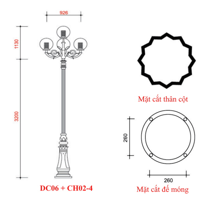 Cột đèn trang trí đế gang DC06 + Chùm đèn CH02-4