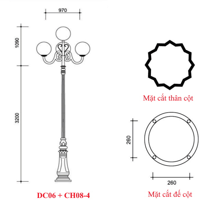 Cột đèn trang trí sân vườn đế gang DC06 + Chùm đèn CH08-4