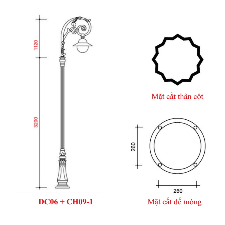 Cột đèn trang trí sân vườn đế gang DC06 + Chùm đèn CH09-1