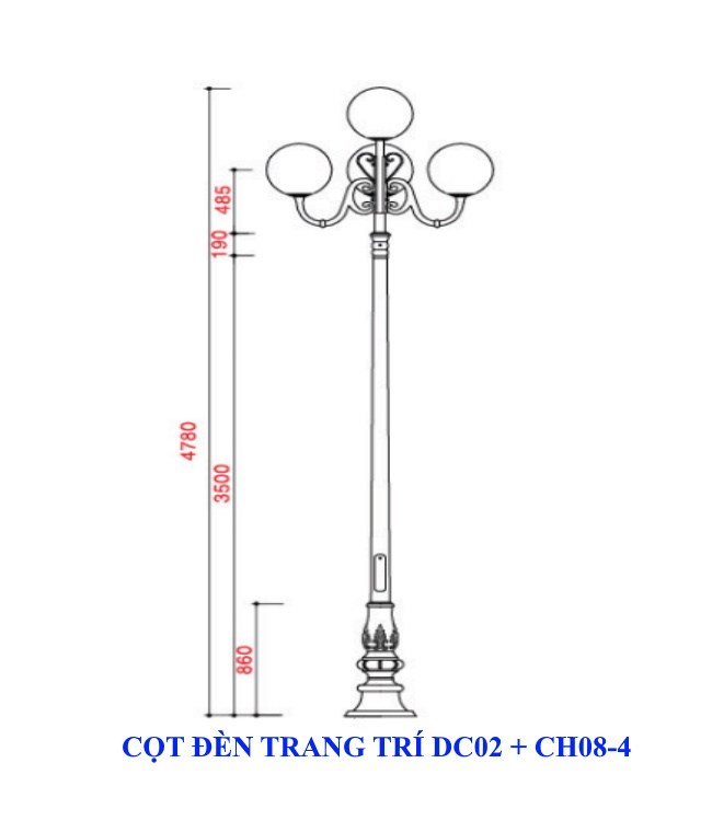 Cột đèn trang trí sử dụng đế gang DC02 + Chùm CH08-4