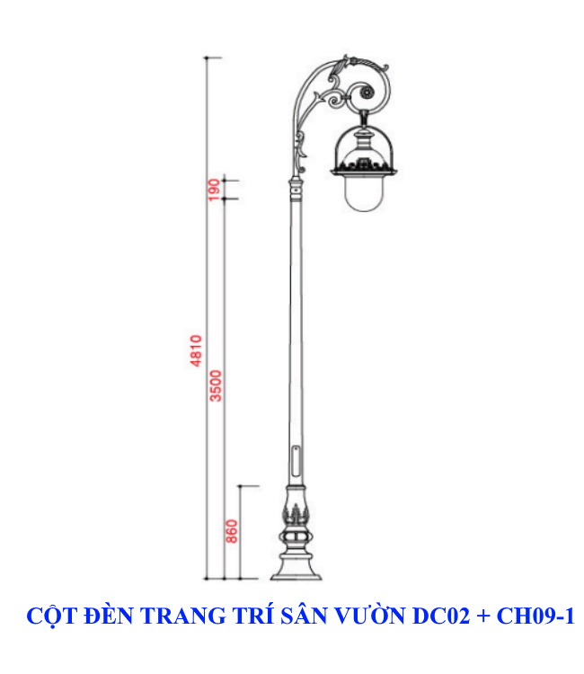 Cột đèn trang trí kết hợp đế gang DC02 + Chùm đèn CH09-1