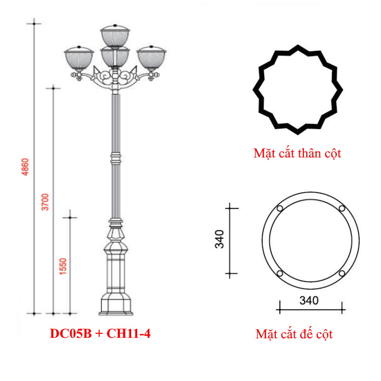 Cột đèn trang trí sân vườn đế gang DC05B + Chùm CH11-4