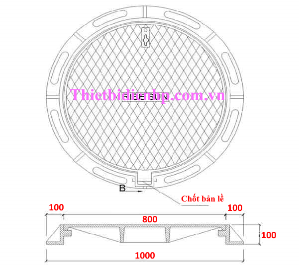 Bản vẽ kỹ thuật nắp hố ga bằng gang thân tròn D1000x100 nắp tròn D800