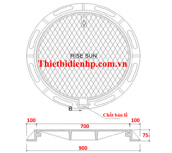 Bản vẽ kỹ thuật nắp hố ga bằng gang khung tròn D900x75 nắp tròn D700