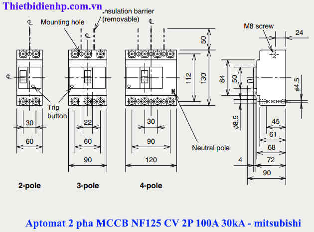 Kích thước cầu dao tự động MCCB NF125 CV 2P 100A 30kA chính hãng mitsubishi