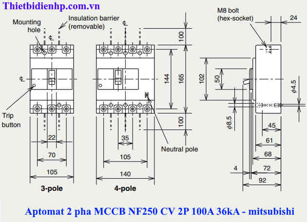 Kích thước át khối MCCB 2 Pha 100A 36kA chính hãng mitsubishi