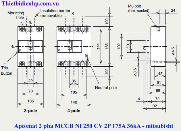Kích thước aptomat 2 pha mitsubishi MCCB NF250 CV 2P 175A 36kA