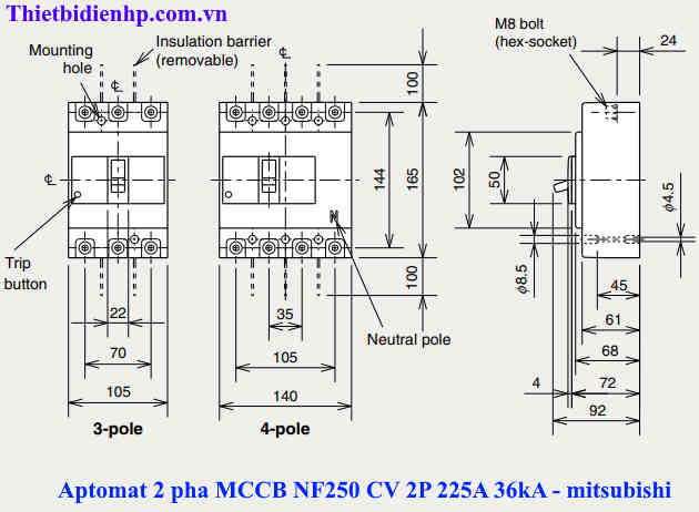Kích thước aptomat mitsubishi NF250 CV 2P 225A 36kA giá rẻ