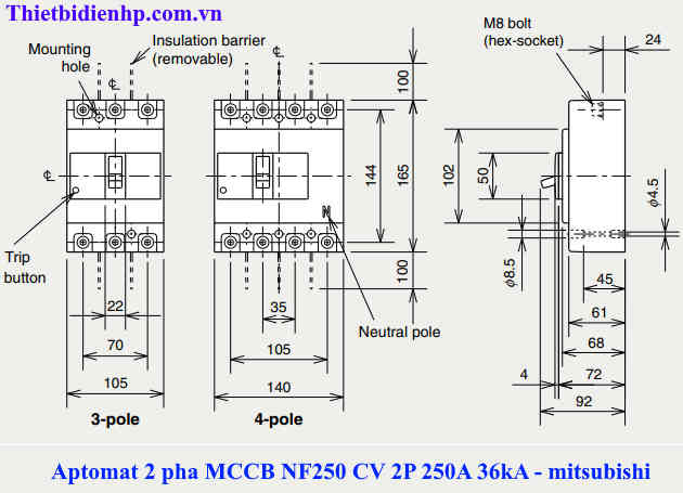 Kích thước aptomat 2 pha MCCB NF250 CV 2P 250A 36ka chính hãng mitsubishi