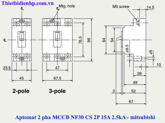 Kích thước át khối MCCB NF30 CS 2P 15A 2.5kA