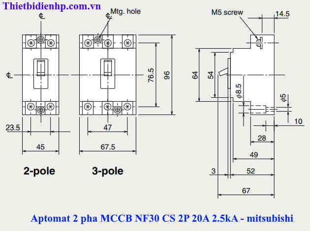 Kích thước aptomat mitsubishi NF30 CS 2P 20A 2.5kA