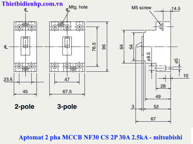 Kích thước át khối MCCB NF30 CS 2P 30A 2.5kA mitsubishi