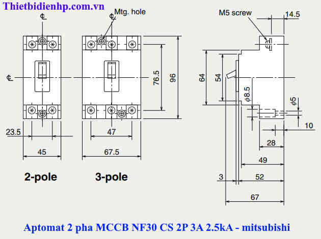 Kích thước aptomat MCCB NF30 CS 2P 3A 2.5ka chính hãng mitsubishi
