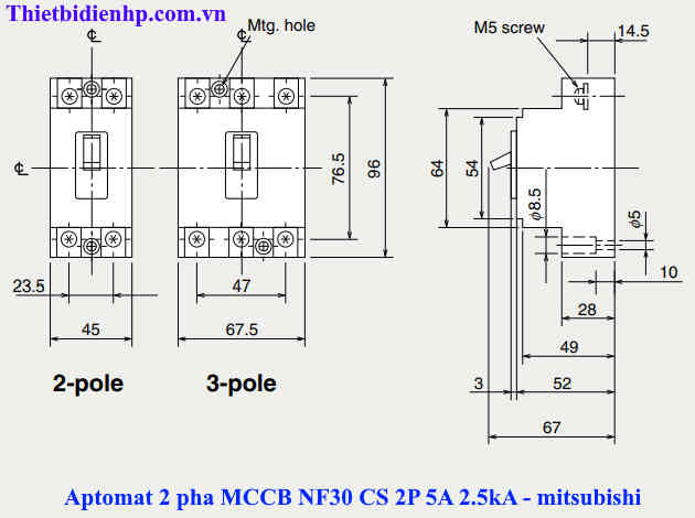 Kích thước cầu dao tự động MCCB NF30 CS 2P 5A 2.5ka chính hãng mitsubishi