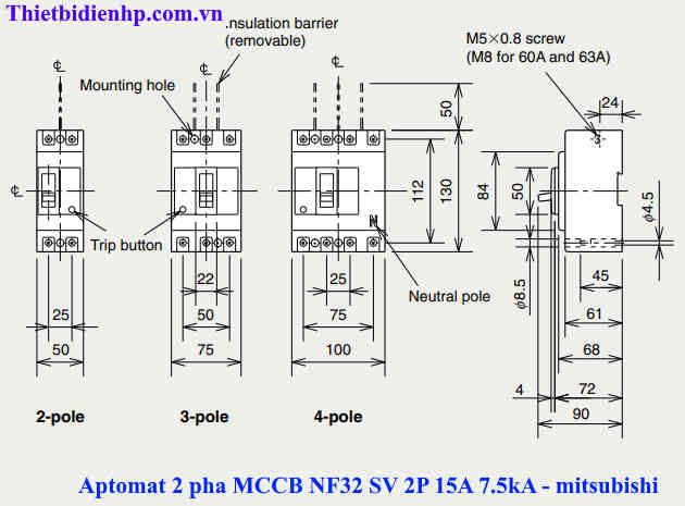 kích thước aptomat mitsubishi NF32 SV 2P 15A 7.5ka giá rẻ
