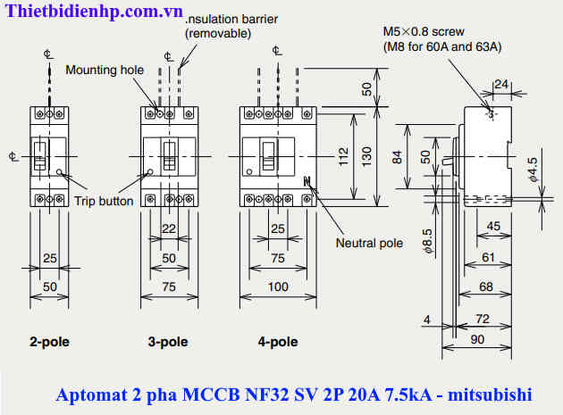 kích thước aptomat 2 pha MCCB NF32 SV 2P 20A 7.5kA mitsubishi