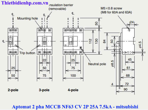 Kích thước át khối MCCB NF63 CV 2P 7.5kA chính hãng mitsubishi
