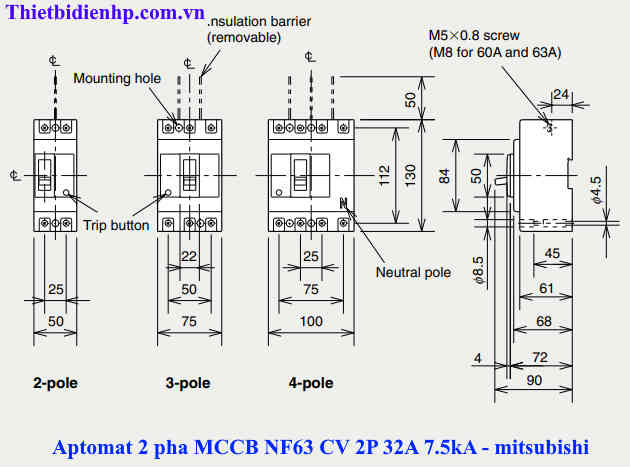 Kích thước át khối MCCB NF63 CV 2P 32A 7.5kA chính hãng mitsubishi