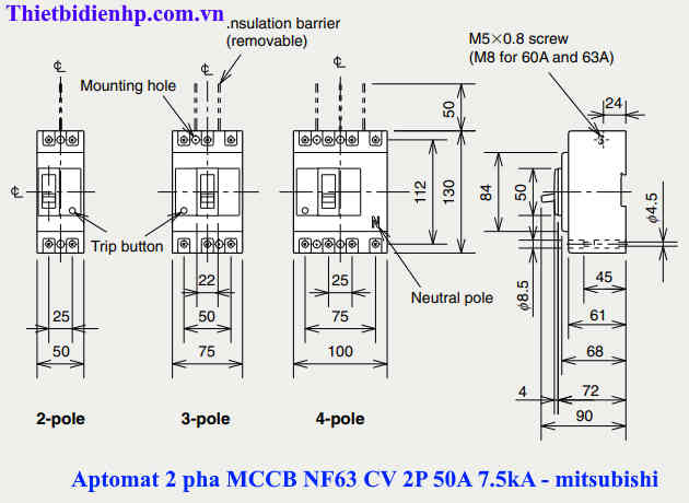 Kích thước cầu dao tự động MCCB NF63 CV 2P 50A 7.5kA chính hãng mitsubishi giá rẻ