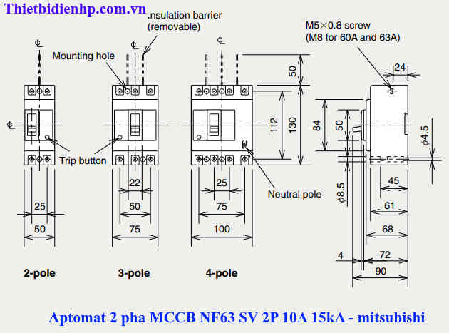 Kích thước Aptomat 2 pha 10A 15kA - MCCB NF63 SV 2P 10A 15kA chính hãng mitsubishi