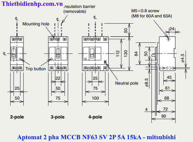Kích thước cầu dao tự động 2 pha NF63 SV 2P 15kA - MCCB 2 pha 5A 15kA mitsubishi