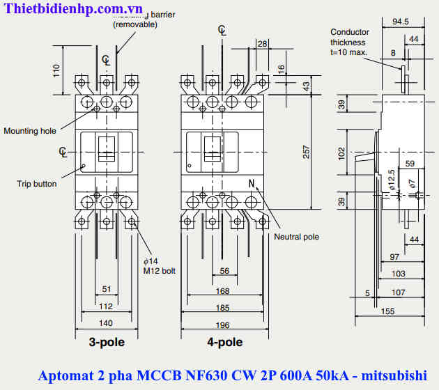 Kích thước MCCB 2P 600A 50ka mítusbishi -Thietbidienhp.com.vn