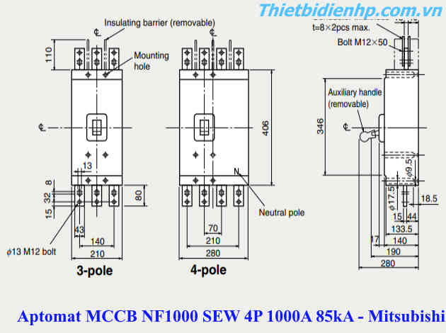 Kích thước át khối MCCB NF1000 SEW 4P 1000A 85kA - Mitsubishi