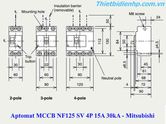 kích thước Át khối MCCB NF125 SV 4P 15A 30kA mitsubishi