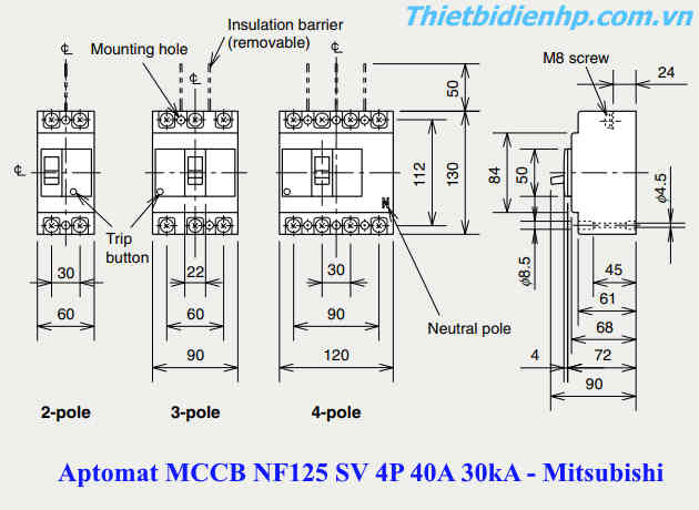 Kích thước Aptomat MCCB NF125 SV 4P 40A 30kA mitsubishi