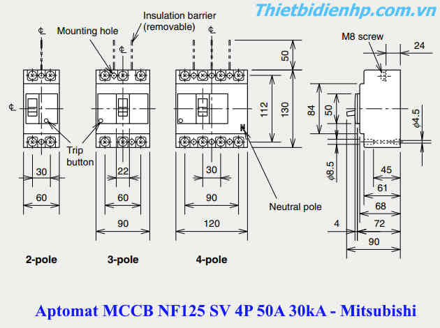 Kích thước át khối MCCB NF125 SV 4P 50A 30kA mitsubishi