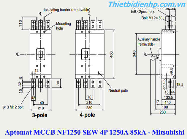 Kích thước át khối MCCB NF1250 SEW 4P 1250A 85kA chính hãng Mitsubishi