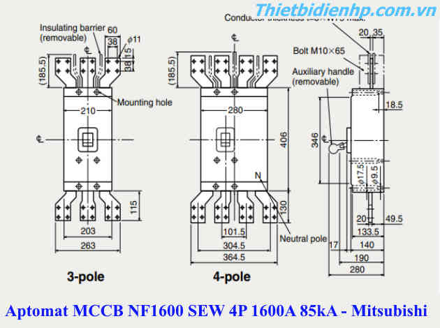 Kích thước Aptomat MCCB NF1600 SEW 4P 1600A 85kA chính hãng Mitsubishi