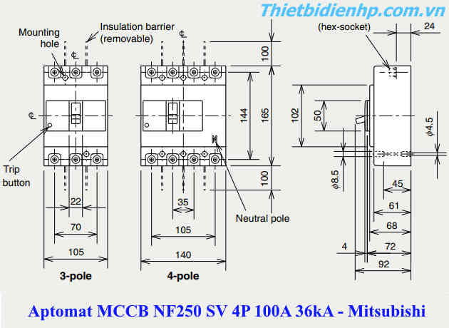 Kích thước aptomat MCCB NF250 SV 4P 100A 36kA mitsubishi