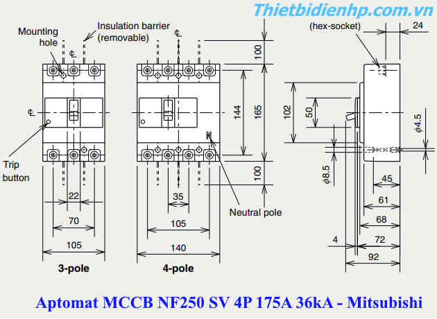 Kích thước át khối MCCB NF250 AV 4P 175A 36kA mitsubishi