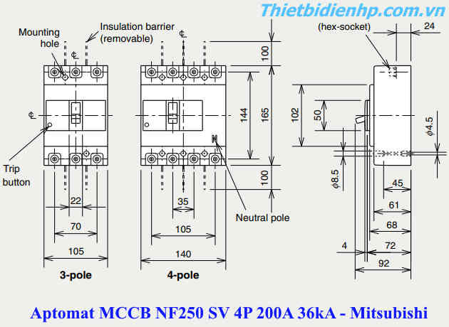 Kích thước MCCB NF250 SV 4P 200A 36kA mitsubishi