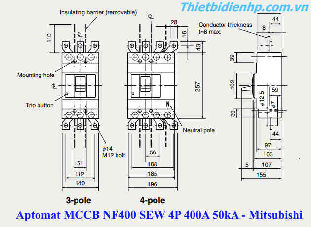 Kích thước át khối MCCB NF400 SEW 4P 400A 50kA Mitsubishi