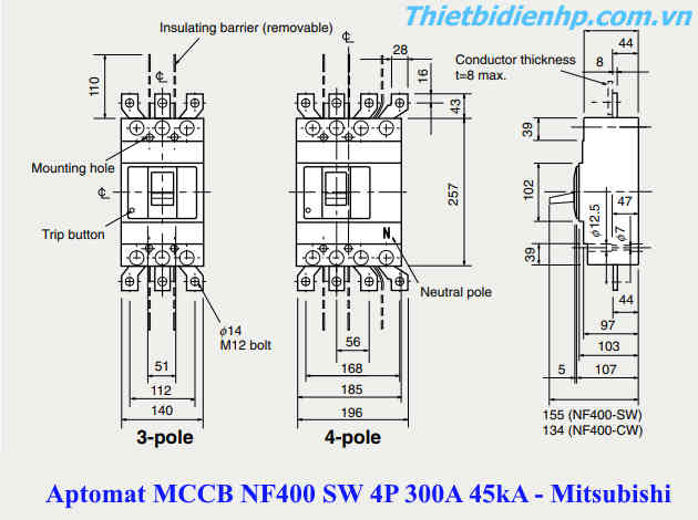 Kích thước aptomat MCCB NF400 SW 4P 300A 45kA mitsubishi