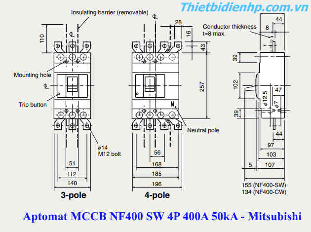 Kích thước Aptomat MCCB NF400 SW 4P 400A 45kA Mitsubishi