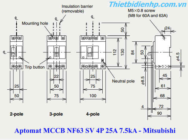 Kích thước át khối MCCB NF63 SV 25A 7.5kA mitsubishi
