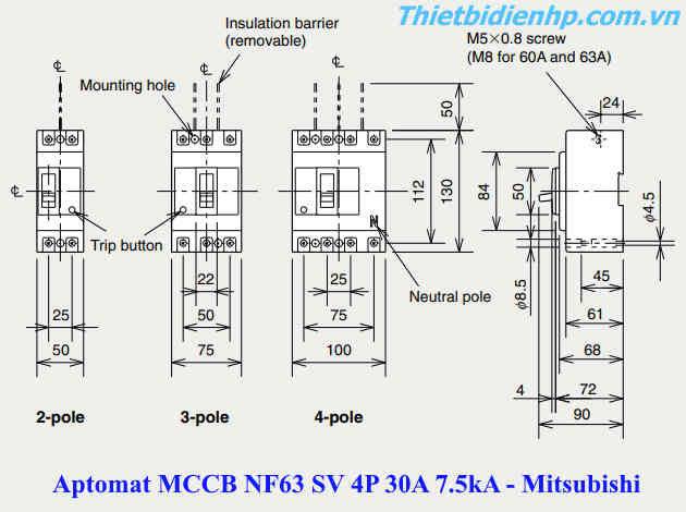 Kích thước át khối MCCB NF63 SV 4P 30A 7.5kA Mitsubishi