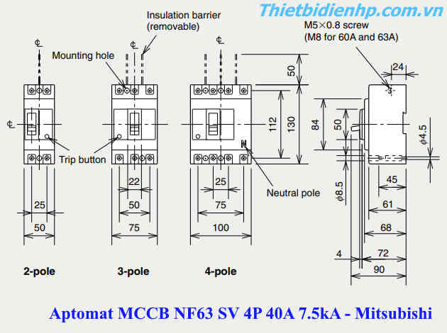 Kích thước cầu dao tự động MCCB NF63 SV 4P 40A 7.5kA mitsubishi