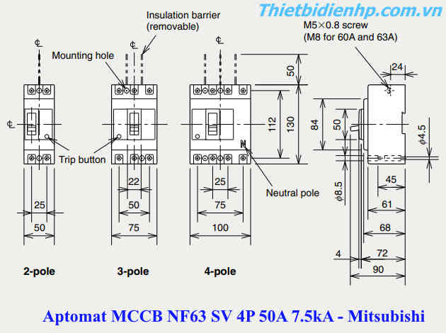 Kích thước cầu dao tự động MCCB NF63 SV 4P 50A 7.5kA mitsubishi