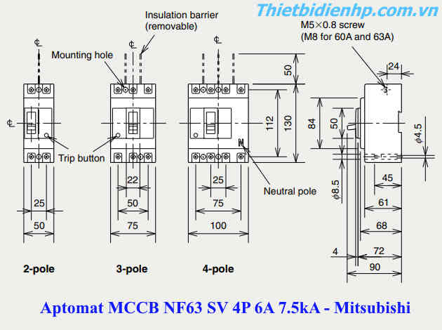 Kích thước át khối MCCB NF63 SV 4P 6A 7.5kA mitsubishi
