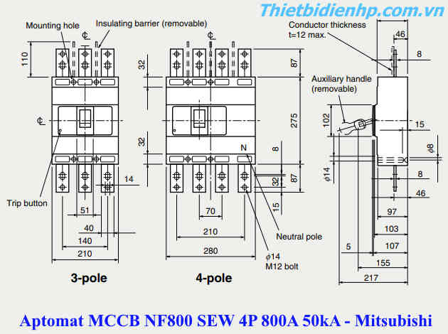Kích thước Aptomat MCCB NF800 SEW 4P 800A 50kA - Mitsubishi